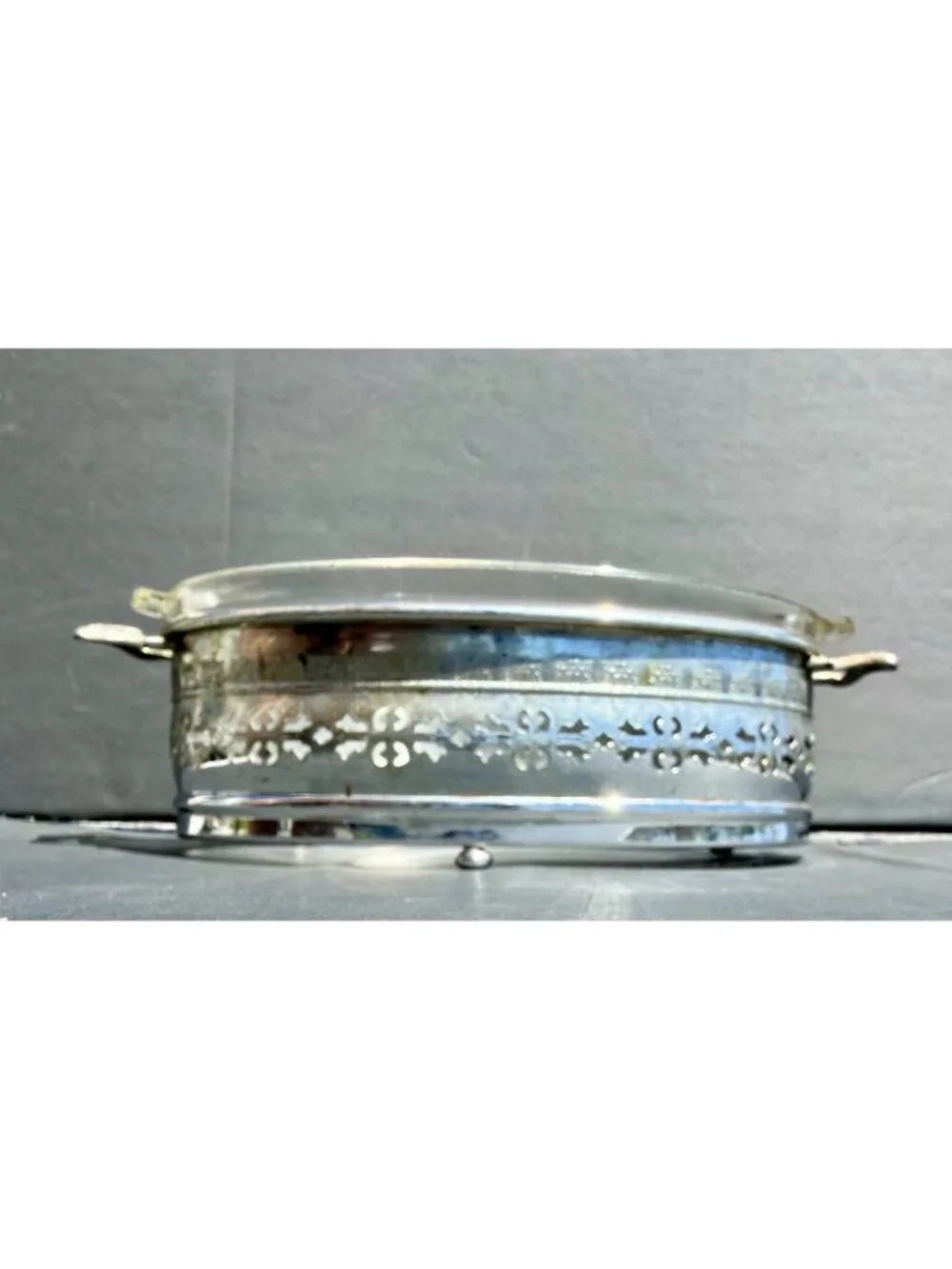 Antique Silver Plated Footed Holder PYREX Oval Casserole Dish